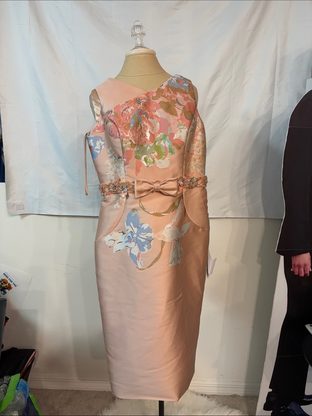 Terani Couture Blush Pink Floral Satin Sheath Dress with Bow Waist
